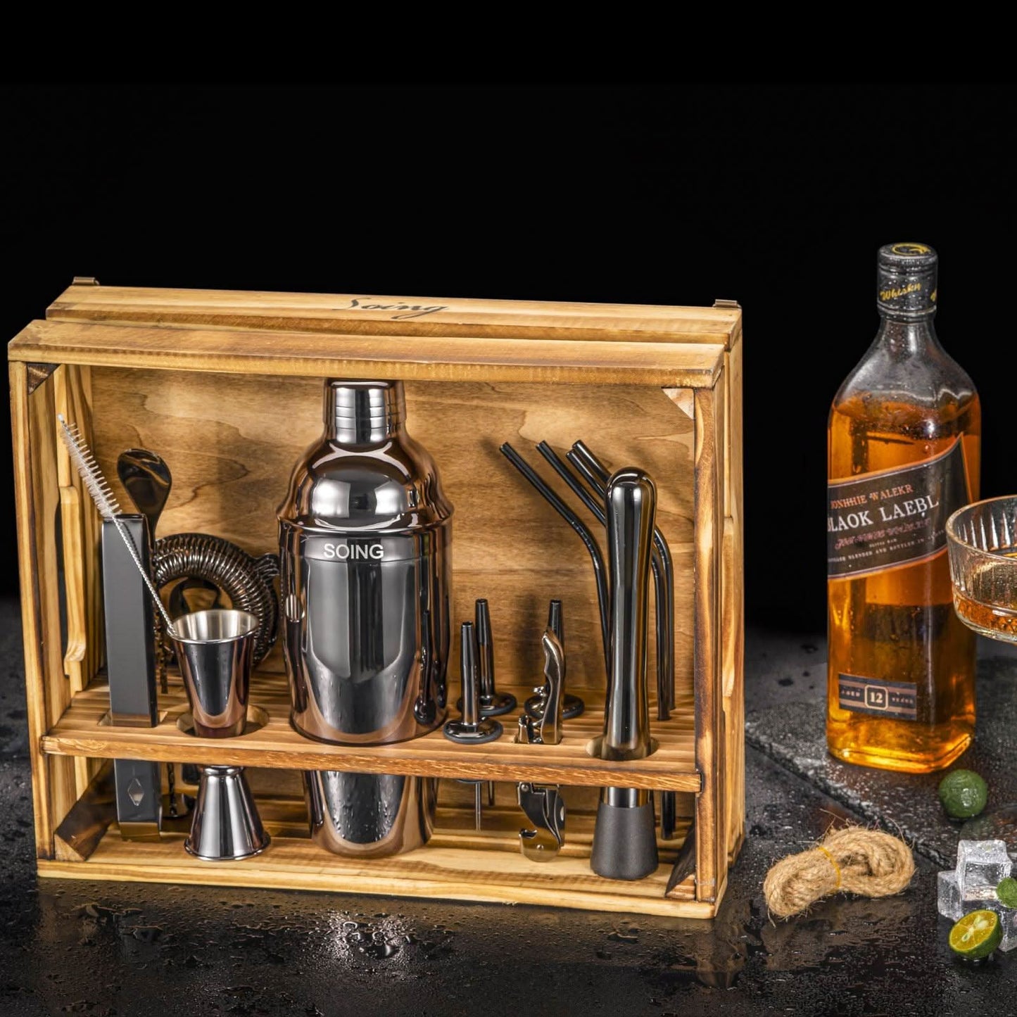 SOING Bartender Kit with Rustic Wood Stand (Black)