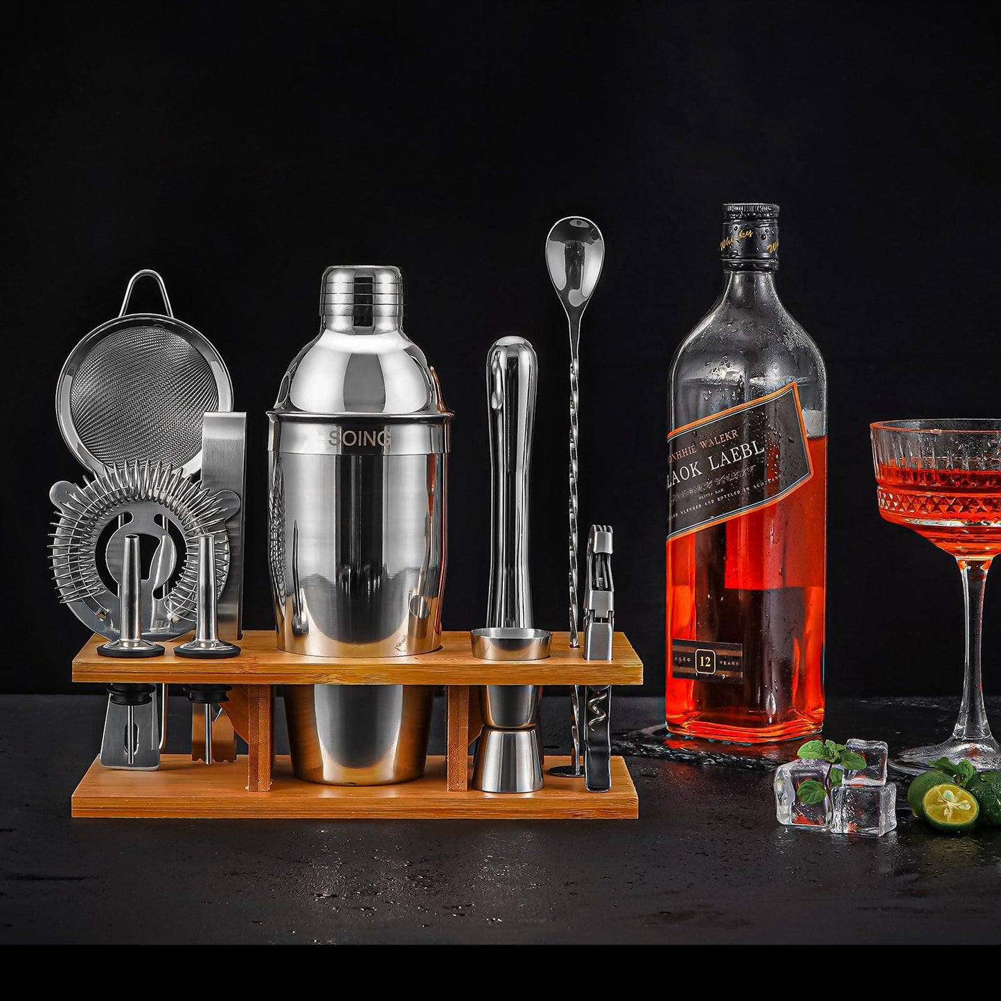 SOING 11-Piece Bartender Kit with Wooden Stand (Silver)
