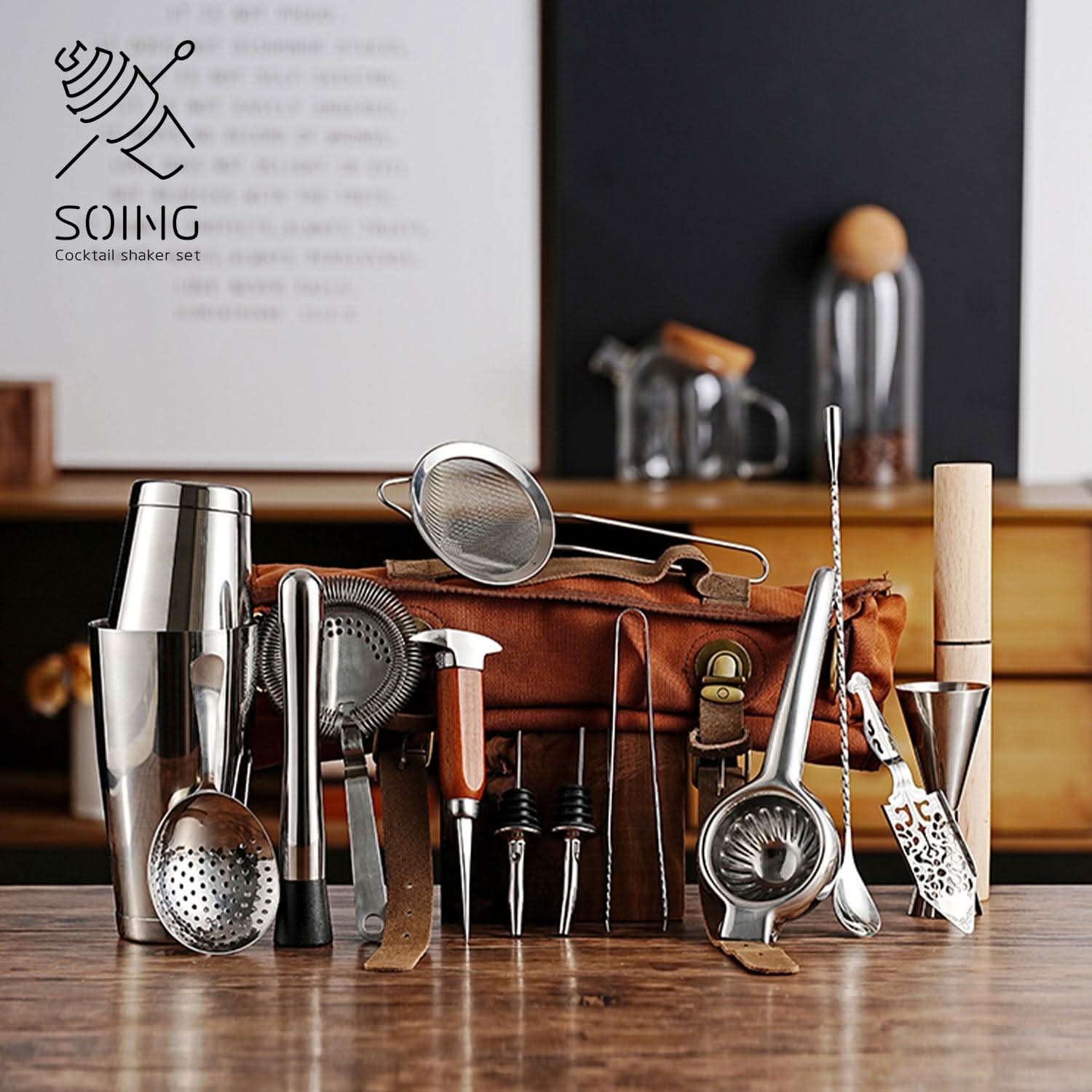 OUUTMEE Kit Barista 11 Pezzi In Acciaio Inox Con Borsa Da Viaggio Impermeabile - Set Shaker Per Cocktail, Regalo Per Appassionati