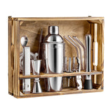 SOING Bartender Kit with Rustic Wood Stand (Silver)